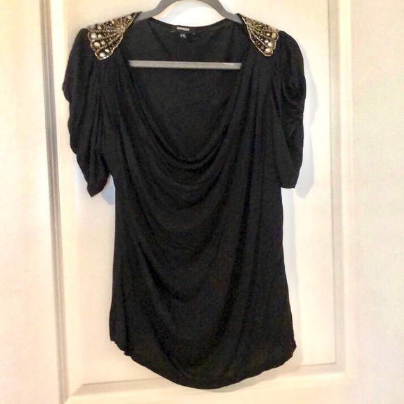 Express Tops - Express Embellished shoulder Draped neck top